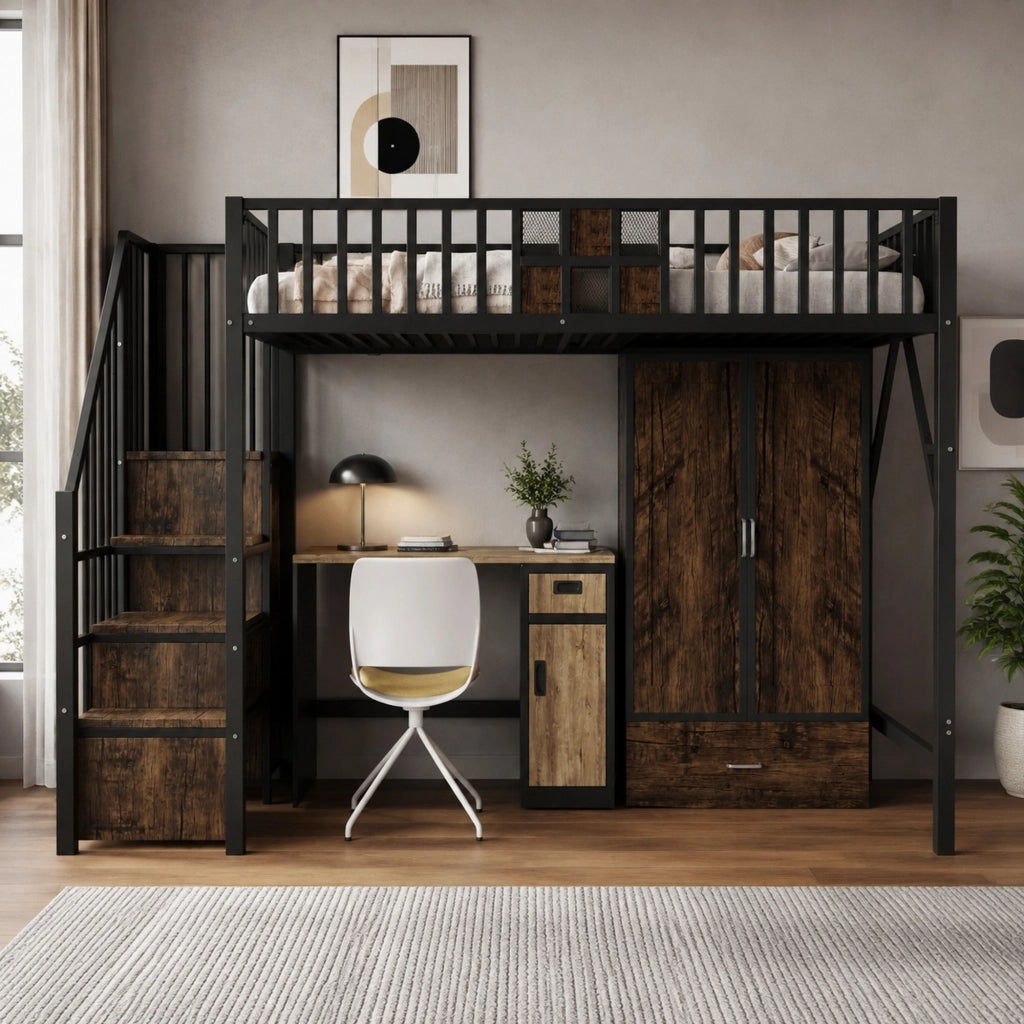 Letto a soppalco 90x200 cm nero con armadio, cassetto e scala contenitore