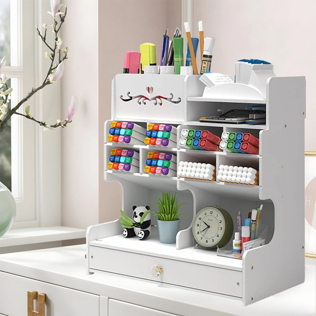 Portapenne organizer da scrivania in PVC bianco con cassetto