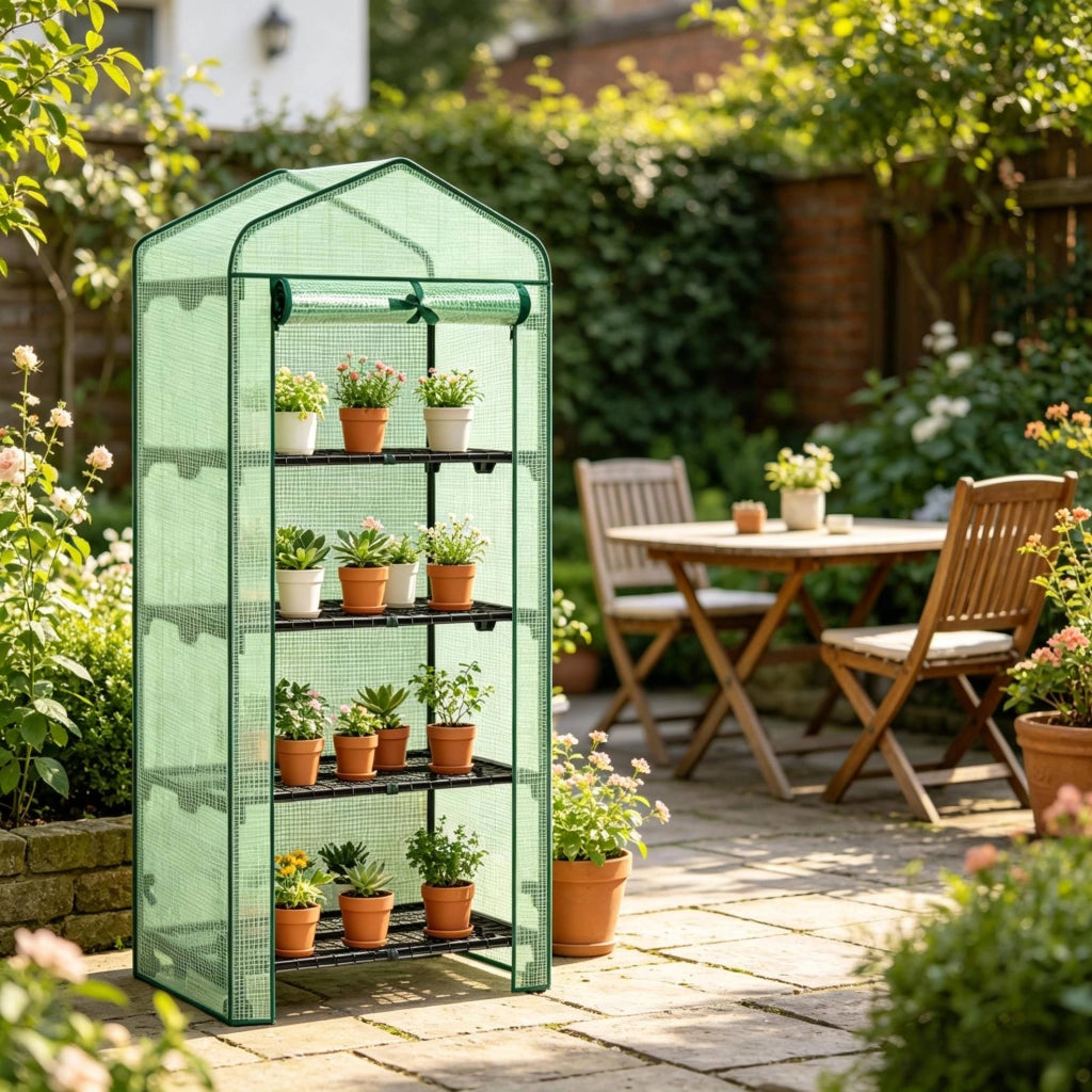 Serra da Giardino con Ruote per Pomodori, 70x50x163 cm, Telo in PE Rinforzato Verde con Mensole e Porta Avvolgibile