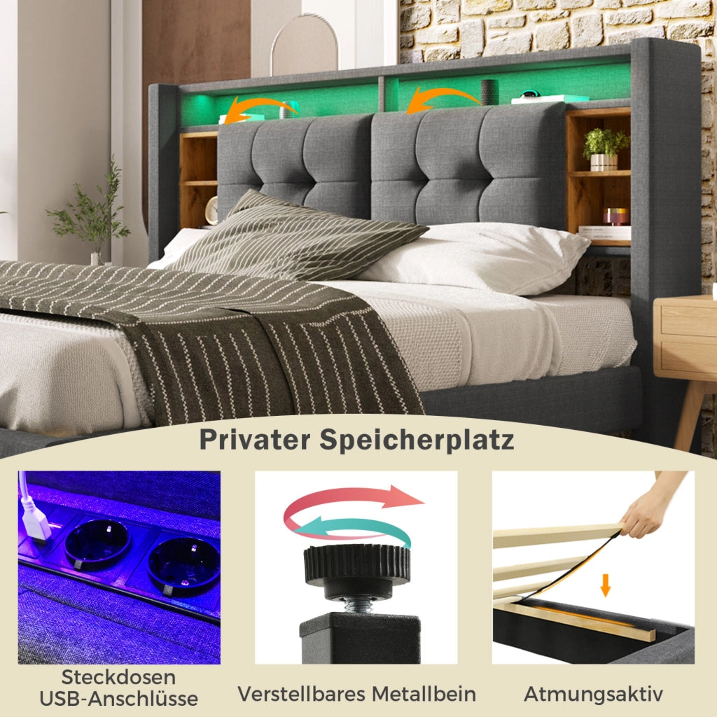 Letto matrimoniale imbottito con contenitore, testiera con USB e illuminazione LED, struttura in legno massello 140x200 cm grigio (senza materasso)