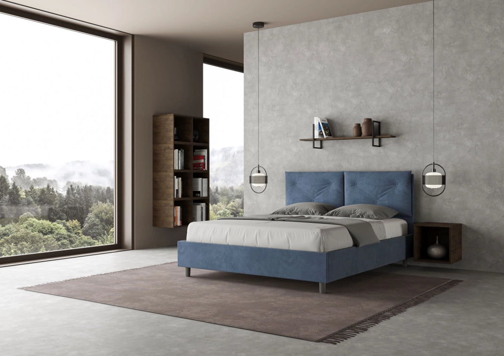 BS COM Letto queen size senza rete imbottito 150x190 microfibra blu Large