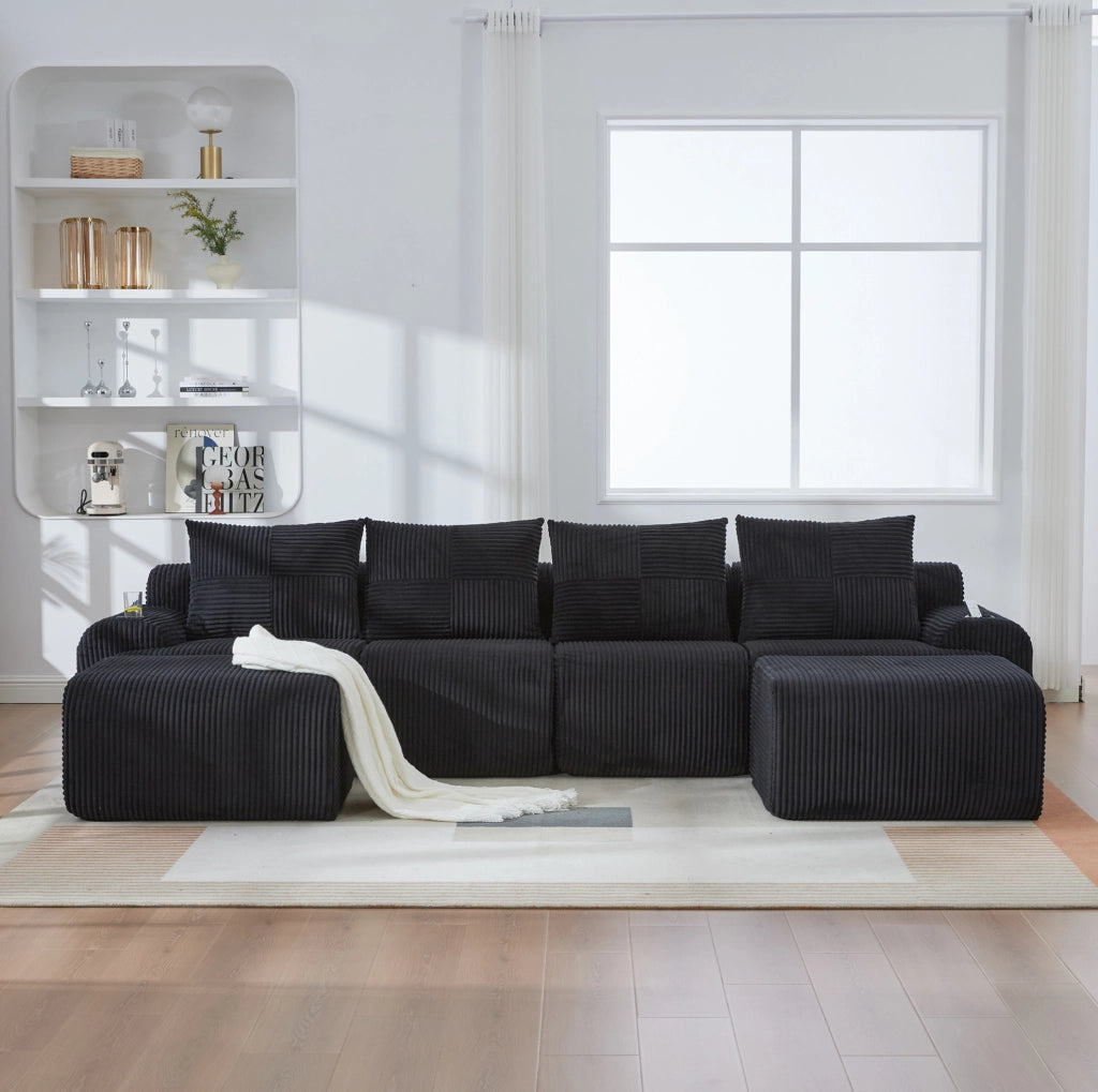 Divano modulare 4 posti con portabicchieri e tasca laterale 333x174x80 cm; corduroy nero