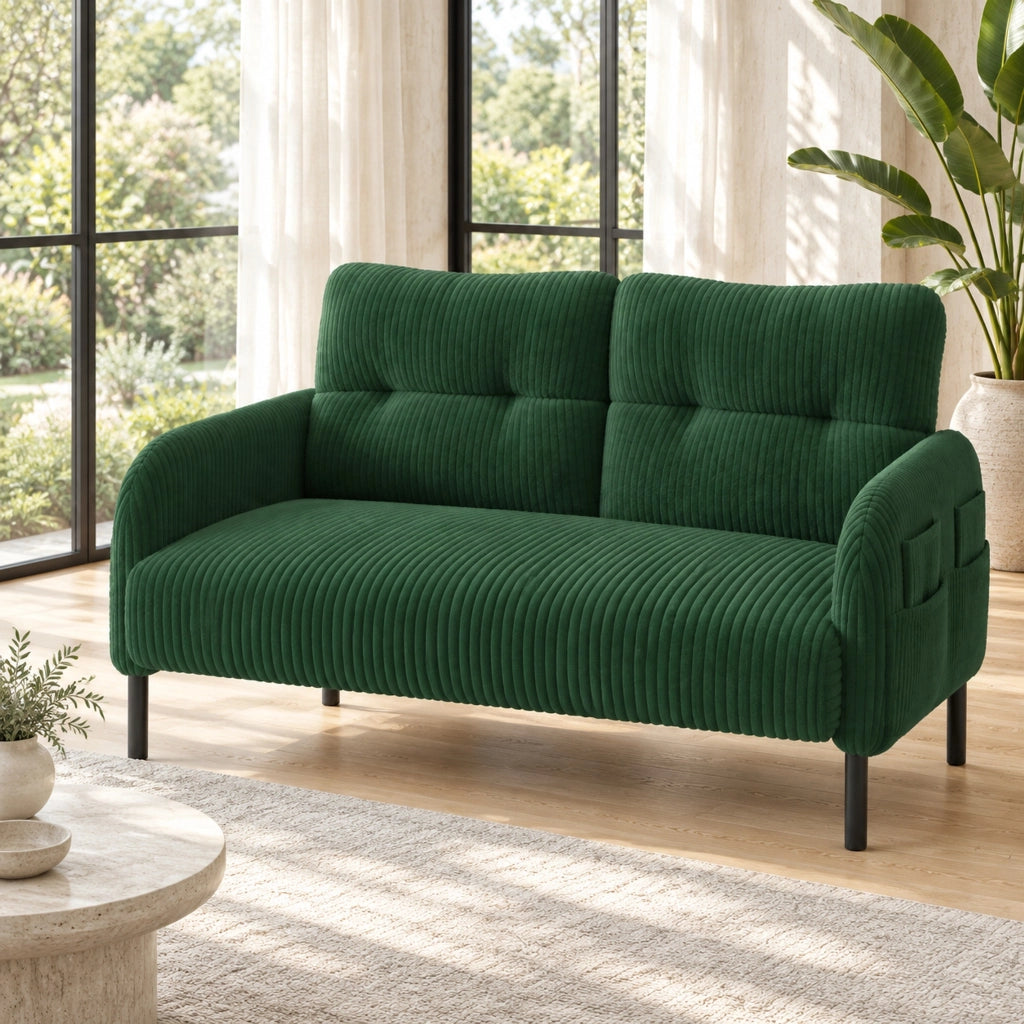 Divano a 2 posti in velluto a coste verde smeraldo con tasca laterale e piedi in metallo 79 × 120 × 75 cm