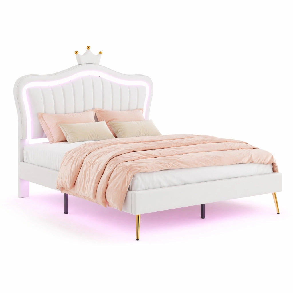 Letto imbottito per bambini 140x200 cm bianco con testiera a conchiglia, corona e LED
