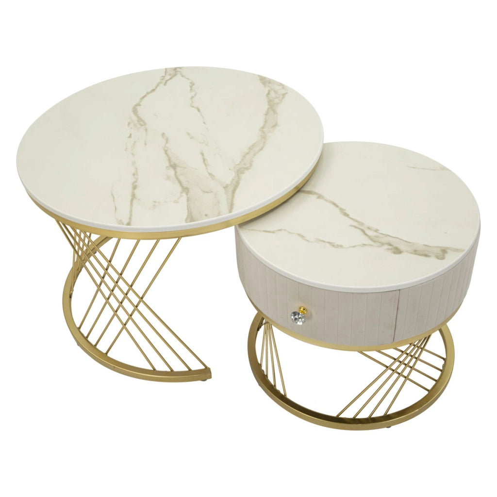 Coppia tavolini da caffe' Votix rotondi in crema e oro O70x48 e O50x43 cm