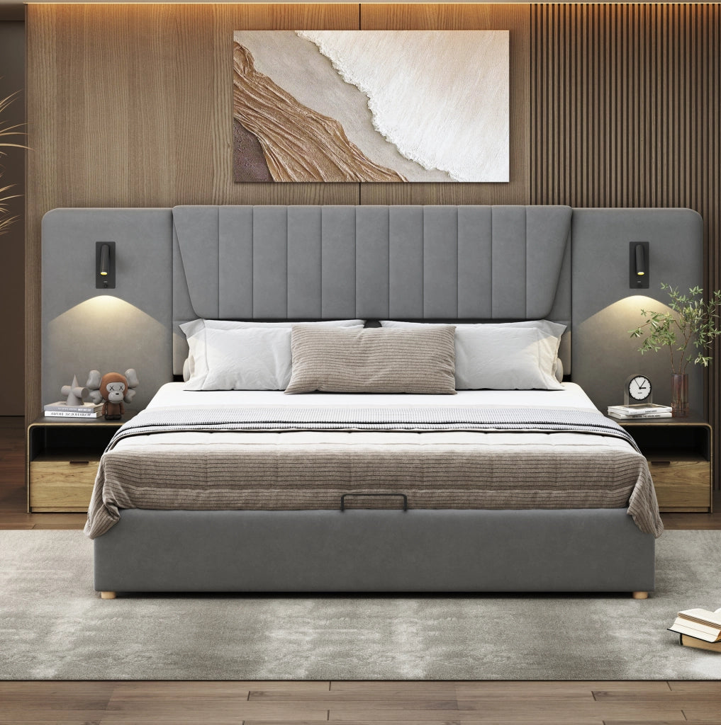 Letto matrimoniale imbottito 180x200 cm con schienale extra lungo, lampada da lettura orientabile e porta USB, spazio contenitore idraulico, tessuto in velluto grigio