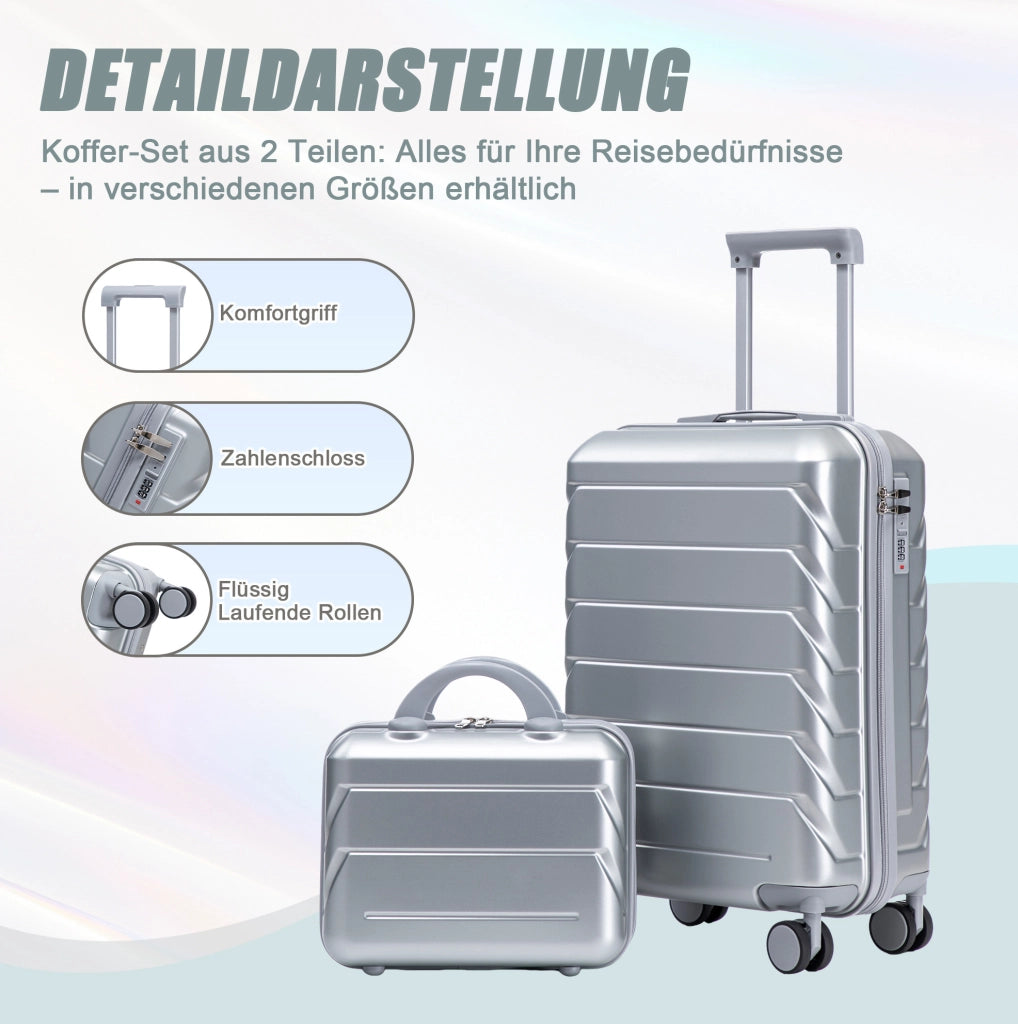 Set Valigie Rigide ABS con Spinner da 14" e 19" con Trolley e Porta Cosmetici Argento
