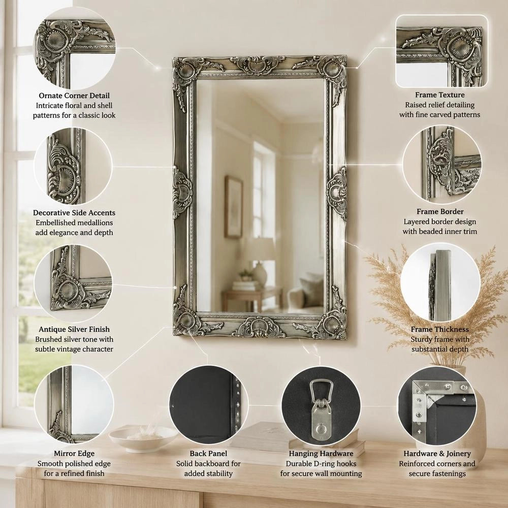 Baroque-style Wall Mirror, 50x80 Cm, Silver