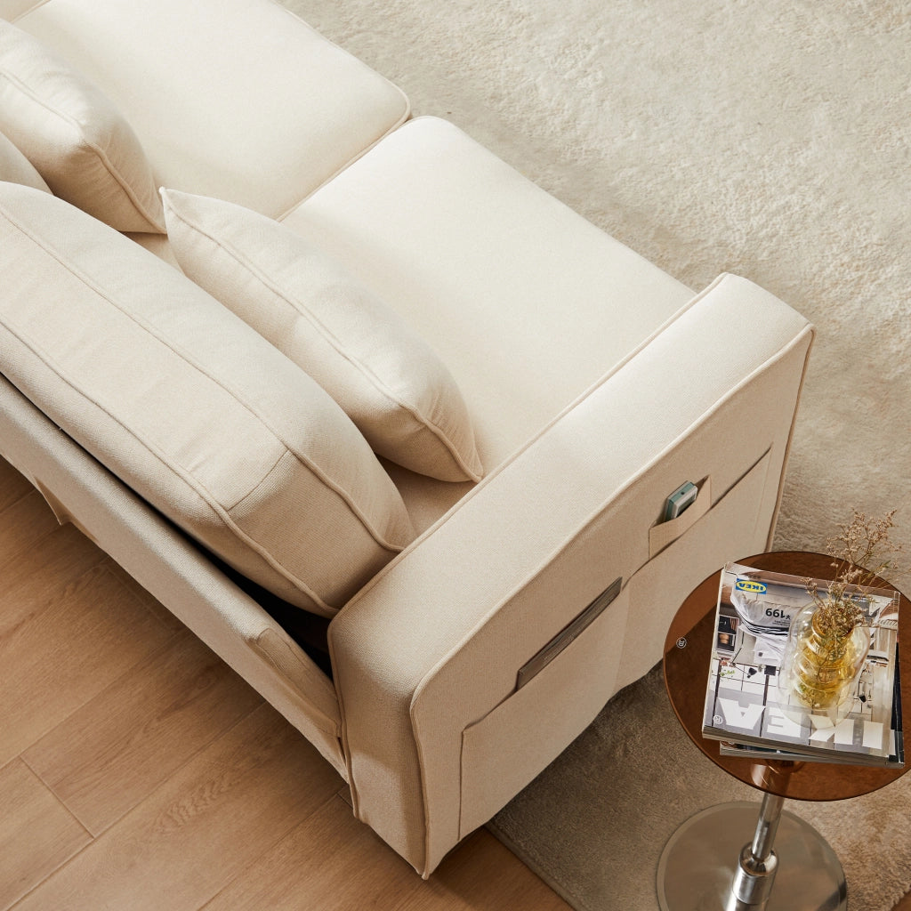 Sofa 264x83x87 cm con 4 cuscini lombari e tasche laterali in lino beige