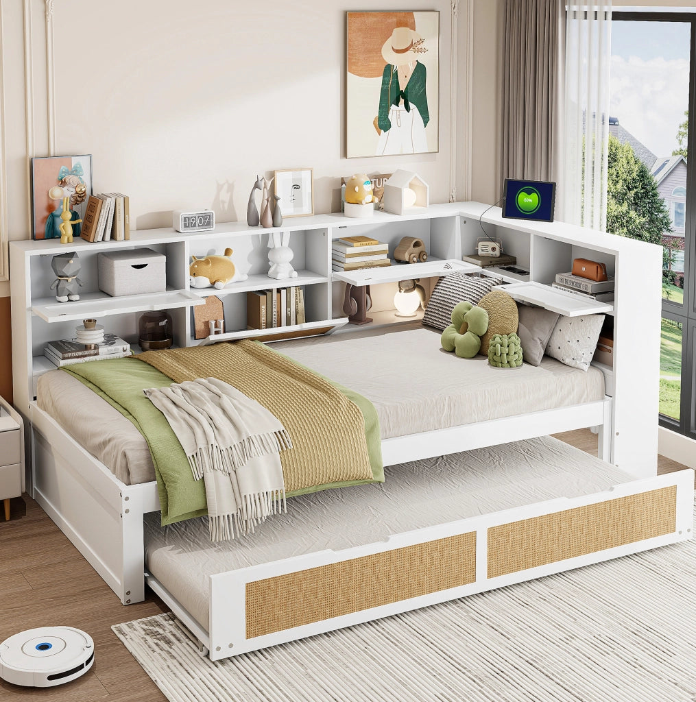 Letto singolo 90x200 cm con letto estraibile 90x190 cm, USB e vani, bianco