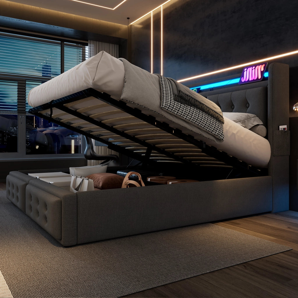Letto matrimoniale 180x200 cm con testiera LED e contenitore