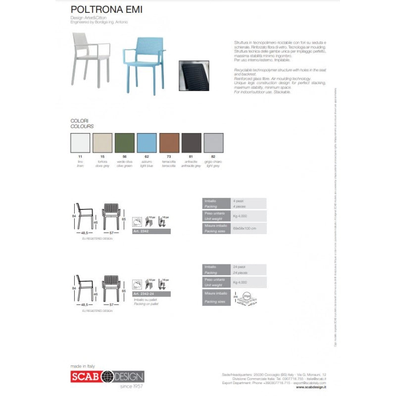 SET 4 PEZZI SEDIA EMI CON BRACCIOLI TECNOPOLIMERO MADE IN ITALY SCAB DESIGN - Grigio chiaro 82