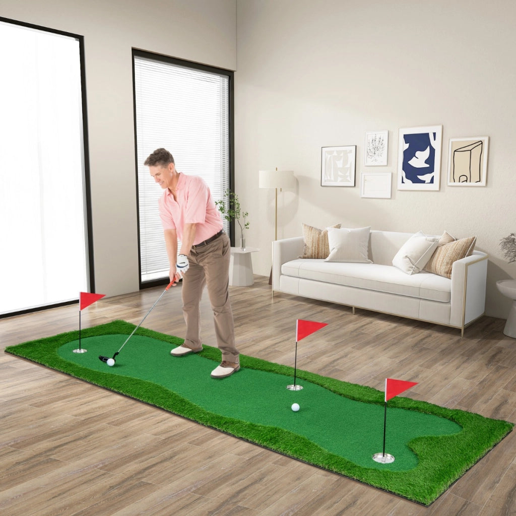 Campo da golf per l'allenamento con erba artificiale realistica 3 buche 3 bandierine, Tappetino professionale 300x100cm