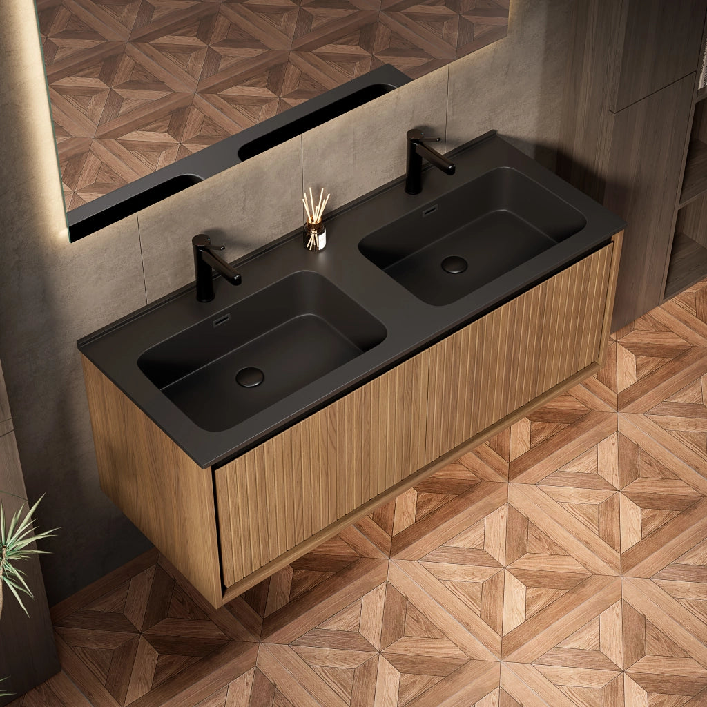 Mobile lavabo da parete 121 cm con 2 lavabi rettangolari in resina nera, armadio in compensato striato verticale con 2 cassetti, preassemblato, colore rovere marrone