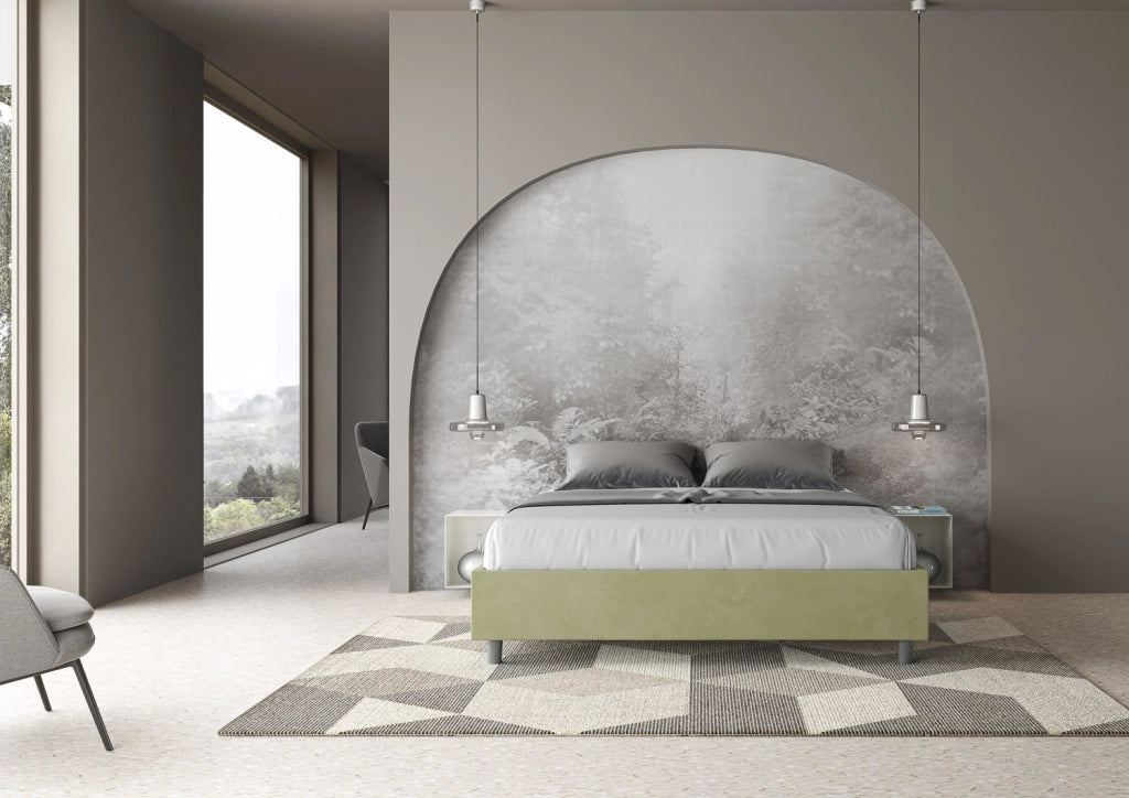 BS COM Letto queen size contenitore imbottito 150x200 microfibra tè verde