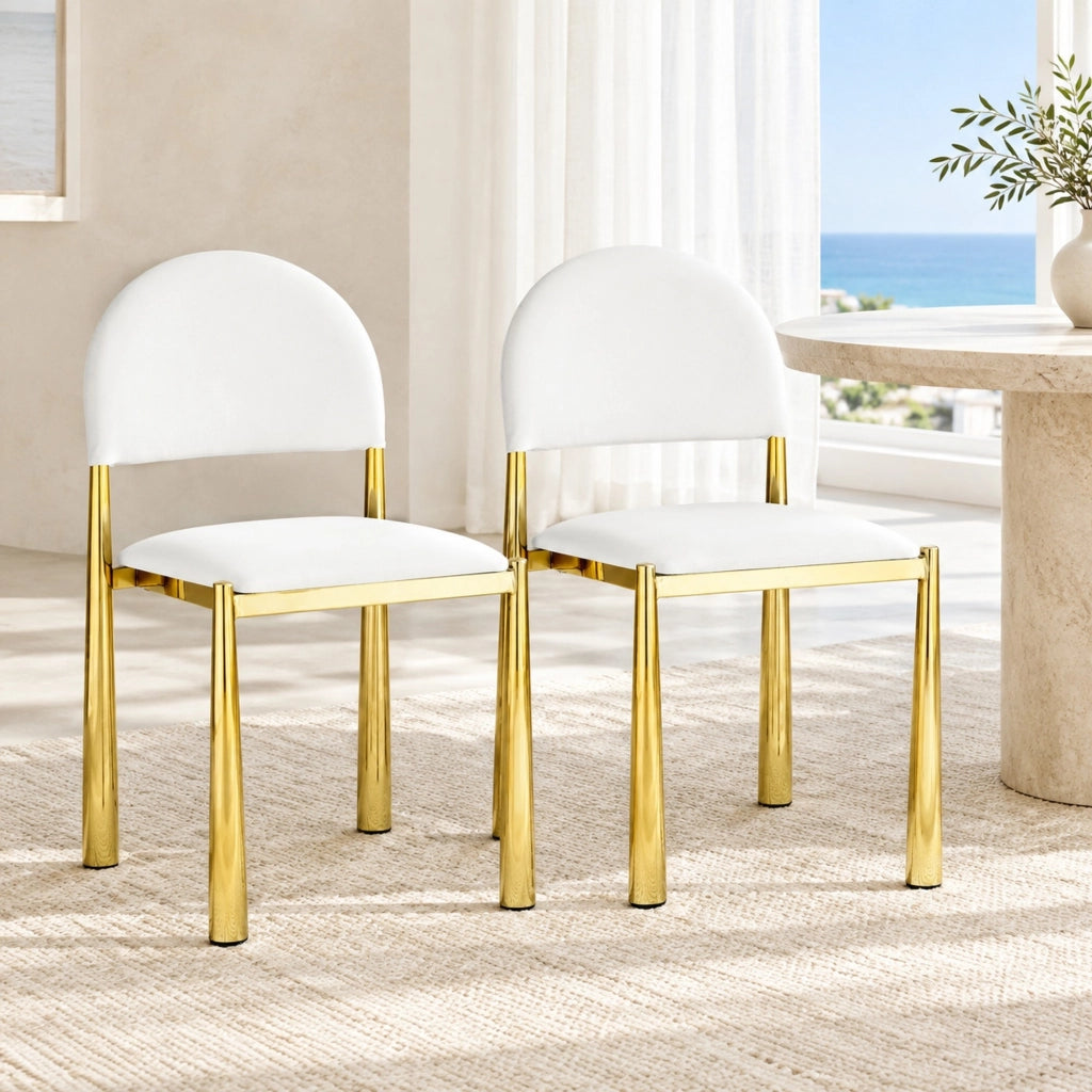 Sedia da pranzo imbottita bianca in PU con gambe in metallo