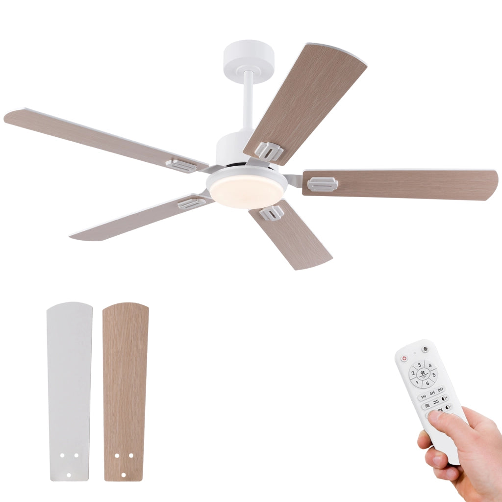 Ventilatore da soffitto con luce LED dimmerabile; telecomando e finitura bianca e rovere chiaro