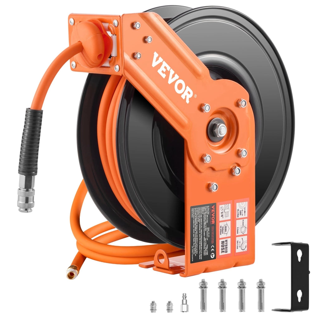 Avvolgitubo Aria Compressa Retrattile 15,24 m 300 PSI NT-A15 Bobina in Acciaio con Staffa Girevole 180° per Officina e Garage