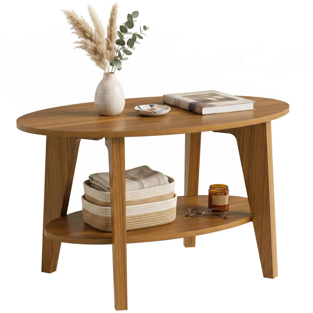 Table Basse Ovale à 2 Niveaux, Table de Salon Moderne avec Étagère Inférieure Ouverte, 80 x 50 x 45 cm, Chêne