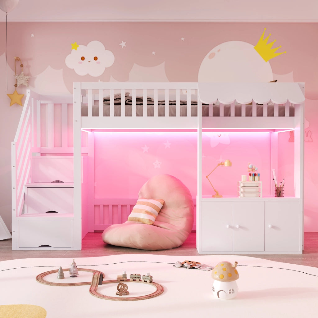 Letto a soppalco 90 × 200 cm 1 posto con scala contenitore; LED multicolore e spazio gioco; senza materasso