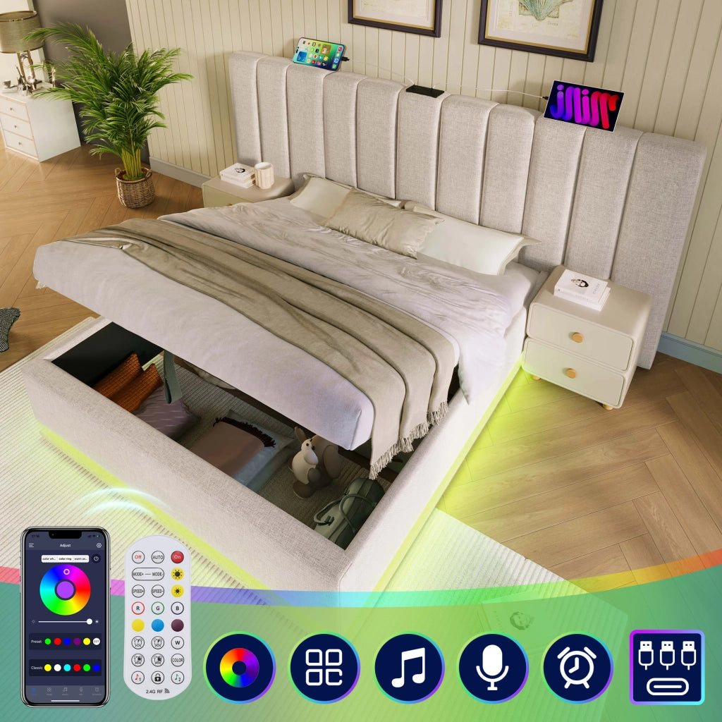 Letto Contenitore Matrimoniale 160x200 cm; USB e Type-C; LED 360°; Beige