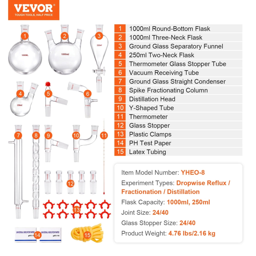 Kit di distillazione da laboratorio 29 pezzi in vetro borosilicato 3.3 giunti 24/40 boccetta 1000 ml YHEO-8 per oli essenziali