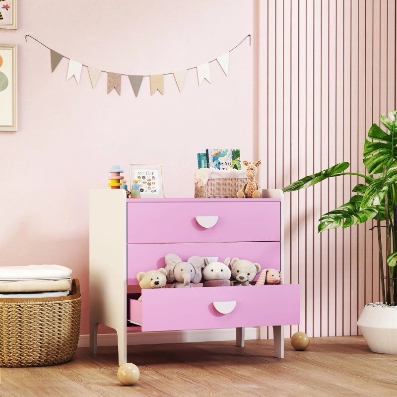 Comò per bambini con 3 cassetti, MDF, rosa e bianco