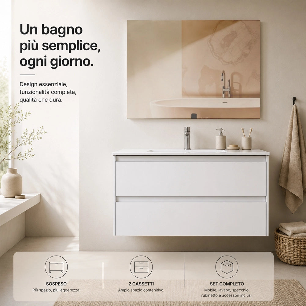 Mobile da Bagno Sospeso con Specchio e 2 Cassetti Otranto Larghezza 80cm Bianco