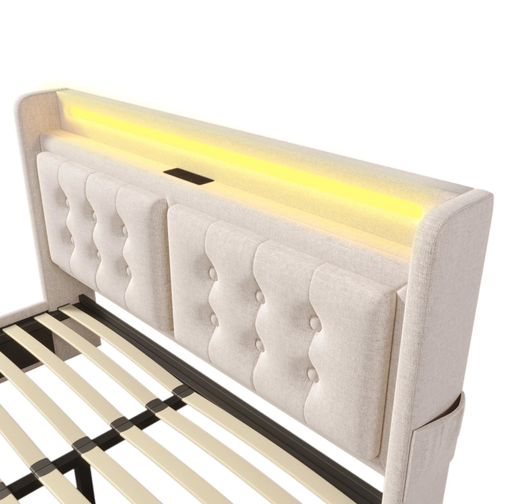 Letto 140x200 cm con LED, USB e USB-C, 4 cassetti e rete a doghe in beige
