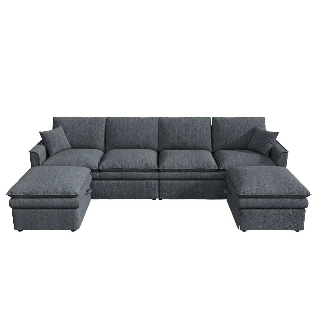 Divano modulare 6 posti configurabile a U o L con 2 pouf contenitore porte USB e Type-C in cotone e lino grigio