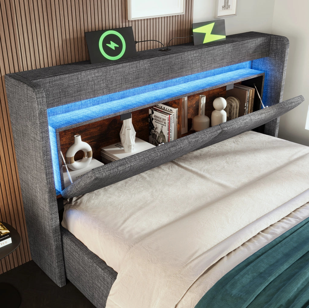 Letto imbottito 140x200 cm con contenitore idraulico; LED; USB e Type-C; grigio