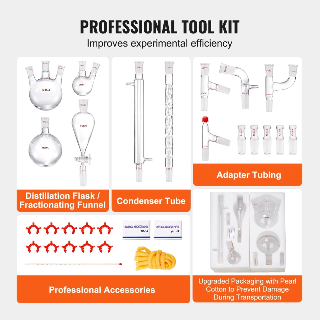 Kit di distillazione da laboratorio 29 pezzi in vetro borosilicato 3.3 giunti 24/40 boccetta 1000 ml YHEO-8 per oli essenziali