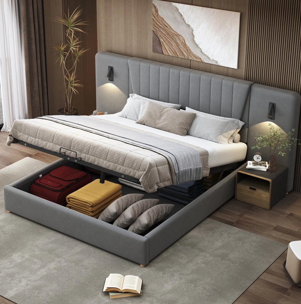Letto matrimoniale imbottito 180x200 cm con schienale extra lungo, lampada da lettura orientabile e porta USB, spazio contenitore idraulico, tessuto in velluto grigio