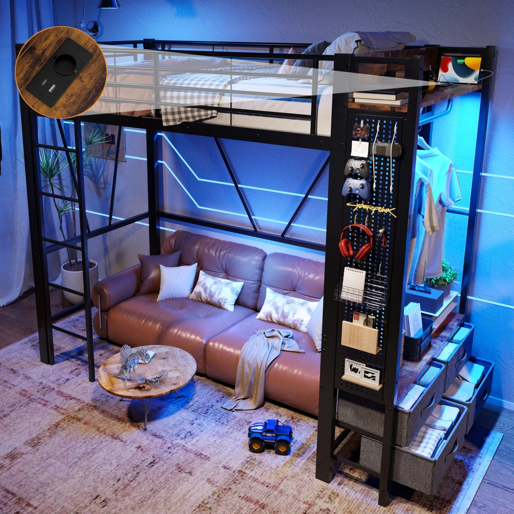 Letto a soppalco 90 ¡Á 200 cm con scrivania; 4 cassetti; ripiani; LED; USB e Type-C in metallo e MDF bianco