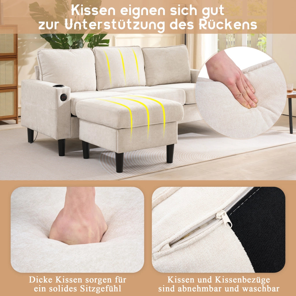 Divano Angolare 3 Posti con USB, Porta Type-C, Pouf Modulare e Portabicchieri, in Lino, Beige