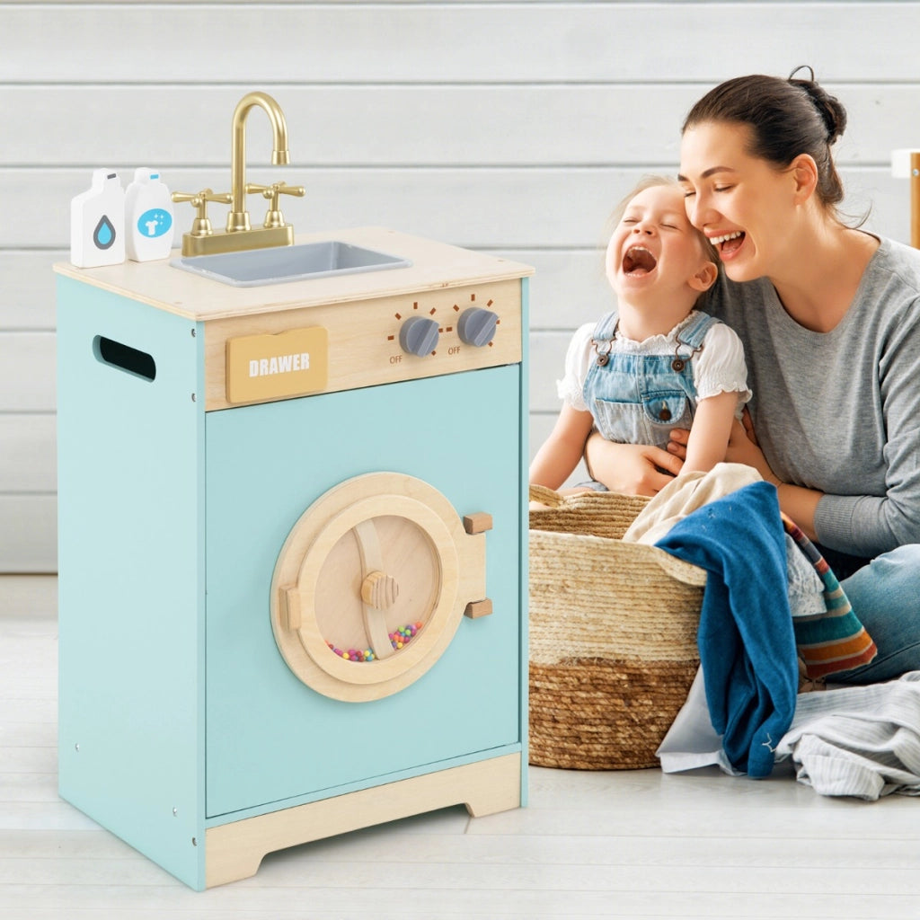 Set di gioco lavatrice bambini giocattolo lavatrice detersivo e igienizzante le mani, Giocattolo lavatrice set cucina in legno con lavabo Blu