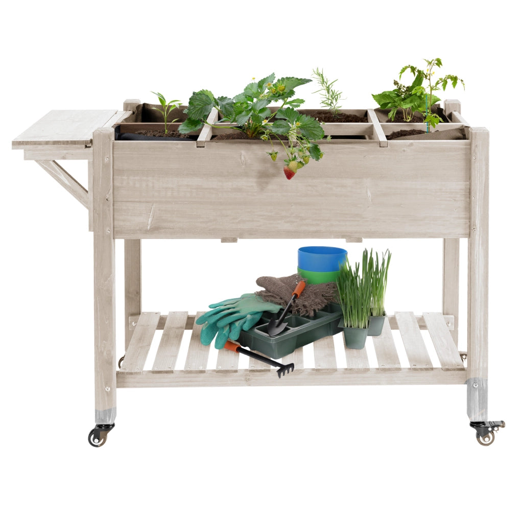 Fioriera Rialzata da Esterno a 8 Sezioni in Legno di Abete con Ripiano Laterale e Mensola Inferiore per Giardino 123x54x87 cm