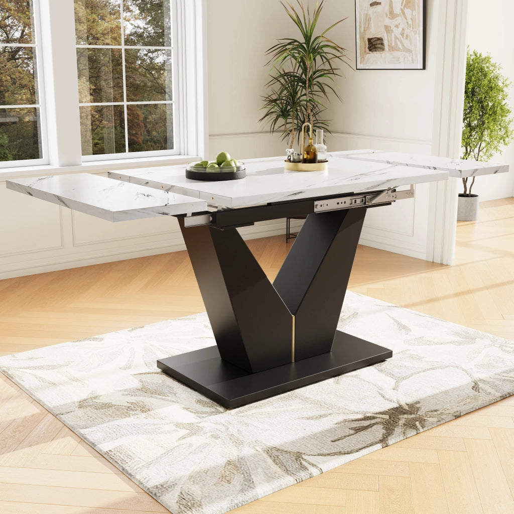 Tavolo da pranzo allungabile 99-159x75x75 cm, piano in MDF effetto marmo, bianco e nero, struttura in metallo