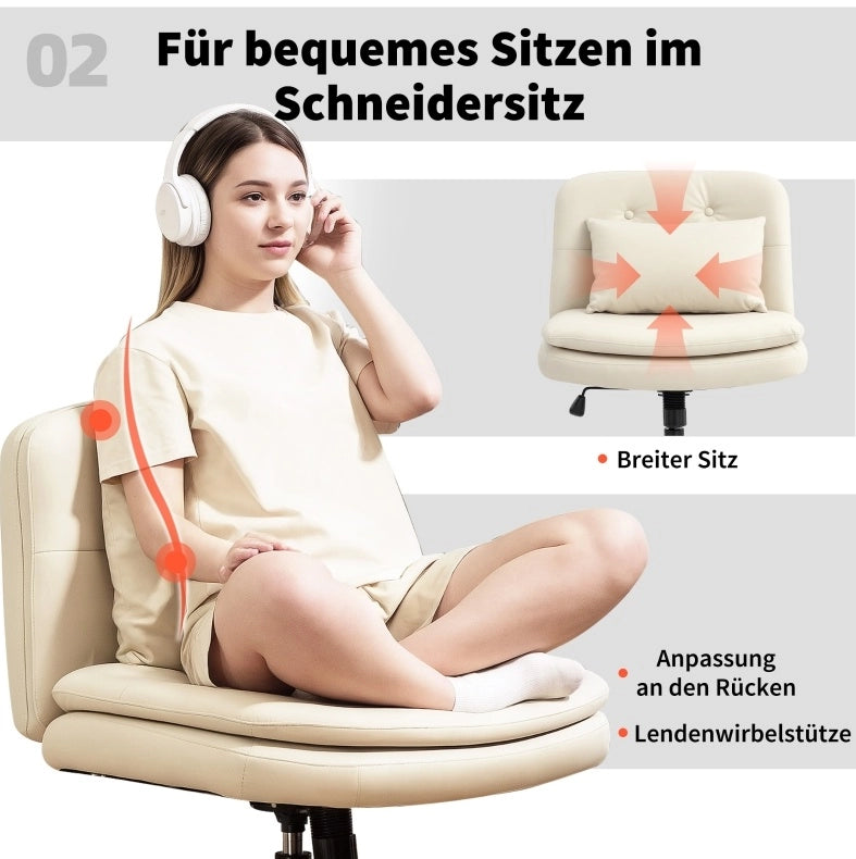Sedia da ufficio armless con rivestimento in ecopelle beige, regolabile in altezza e con ruote