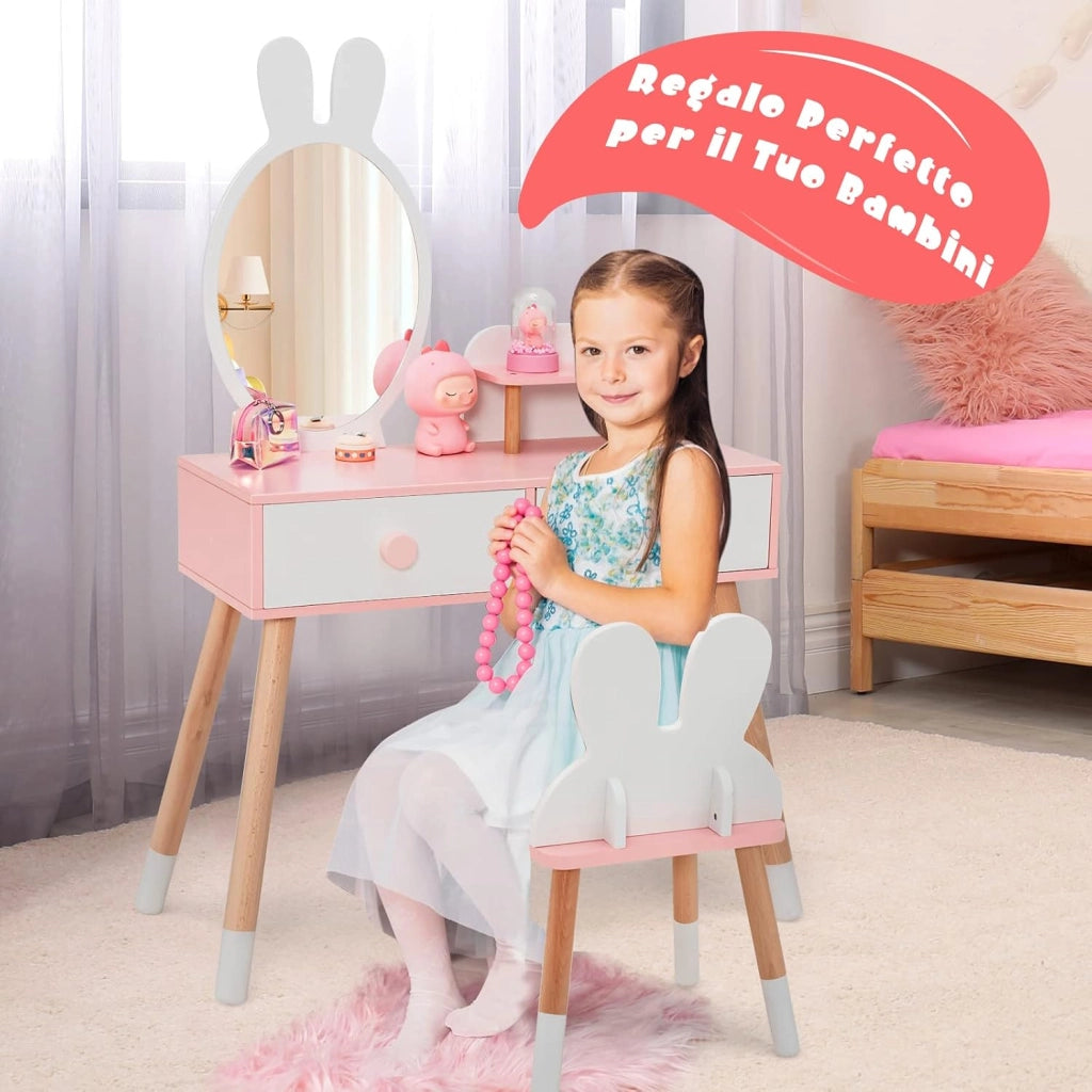 Toeletta Trucco 2 in 1 per Bambina a Forma di Coniglio, Bianco
Specchiera Staccabile per Ragazza in Legno con Sgabello, Ripiano e 2 Cassetti, Postazione Trucco, 78 x 37 x 110cm