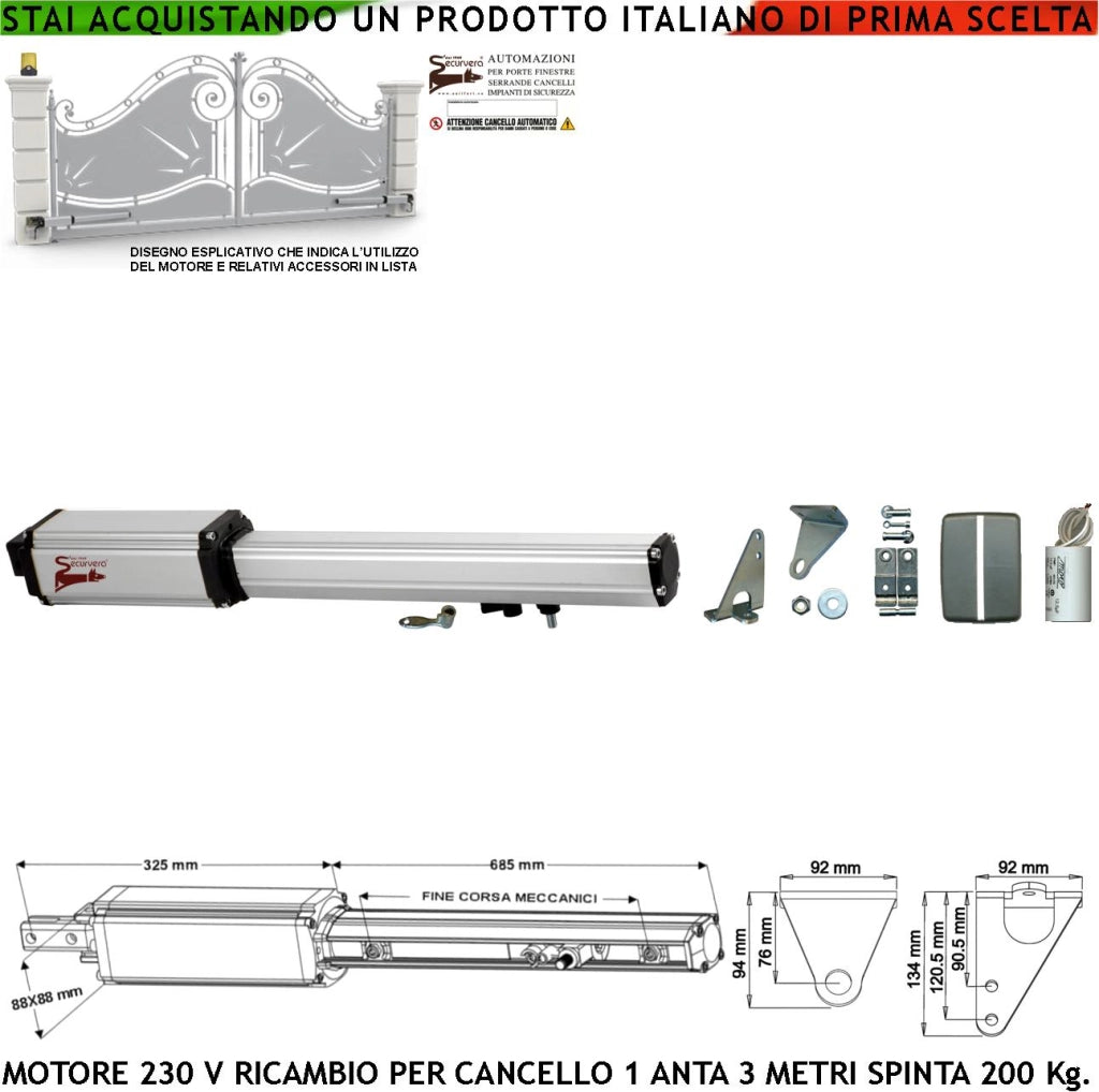 Cancello Automatico Anta 3 Metri Motoriduttore Elettromeccanico 220 V Corsa 500 mm Chiave Sblocco Ricambio Originale Securvera Finecorsa Meccanici Kit Staffe Bulloni Condensatore 16 µF 400V Misure 1010X88X88 mm Compatibile BTF Came Proteco