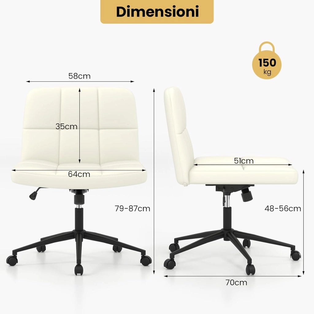 Sedia da Ufficio con Ruote, Sedia Scrivania a Gambe Incrociate Rivestita in Pelle PU, Sedia Ufficio con Altezza e Regolabile Regolabile, Sedai senza Braccioli, Portata 150 kg (Beige)