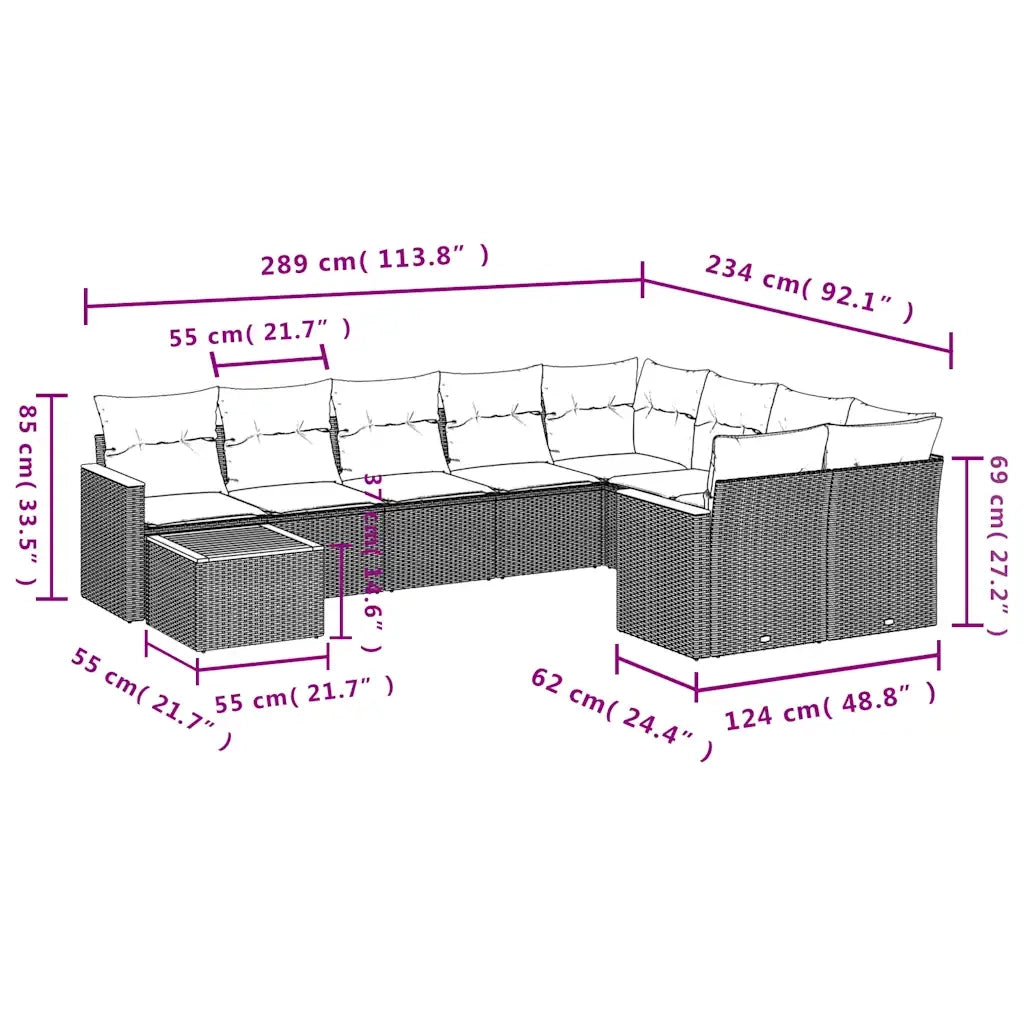Set Divani da Giardino 10 pz con Cuscini Nero in Polyrattan 3226316