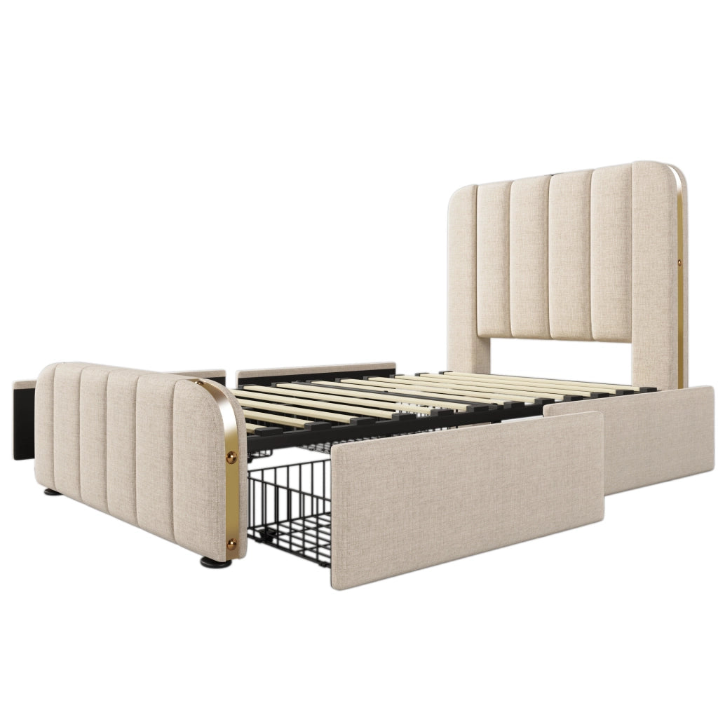 Letto singolo imbottito 90x200 cm con 4 cassetti, porta USB e Tipo C, in lino beige