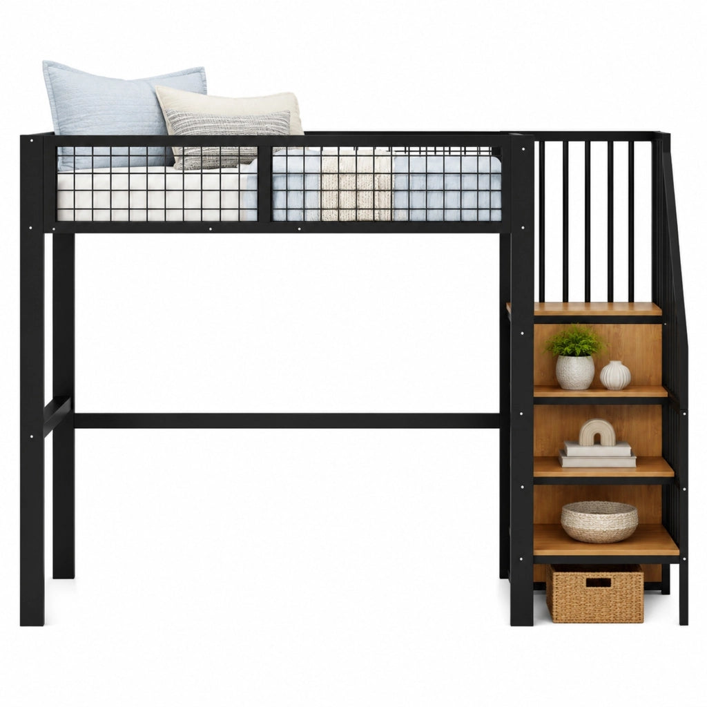 Letto a soppalco 90x200 in metallo con scala di sicurezza e armadio integrato