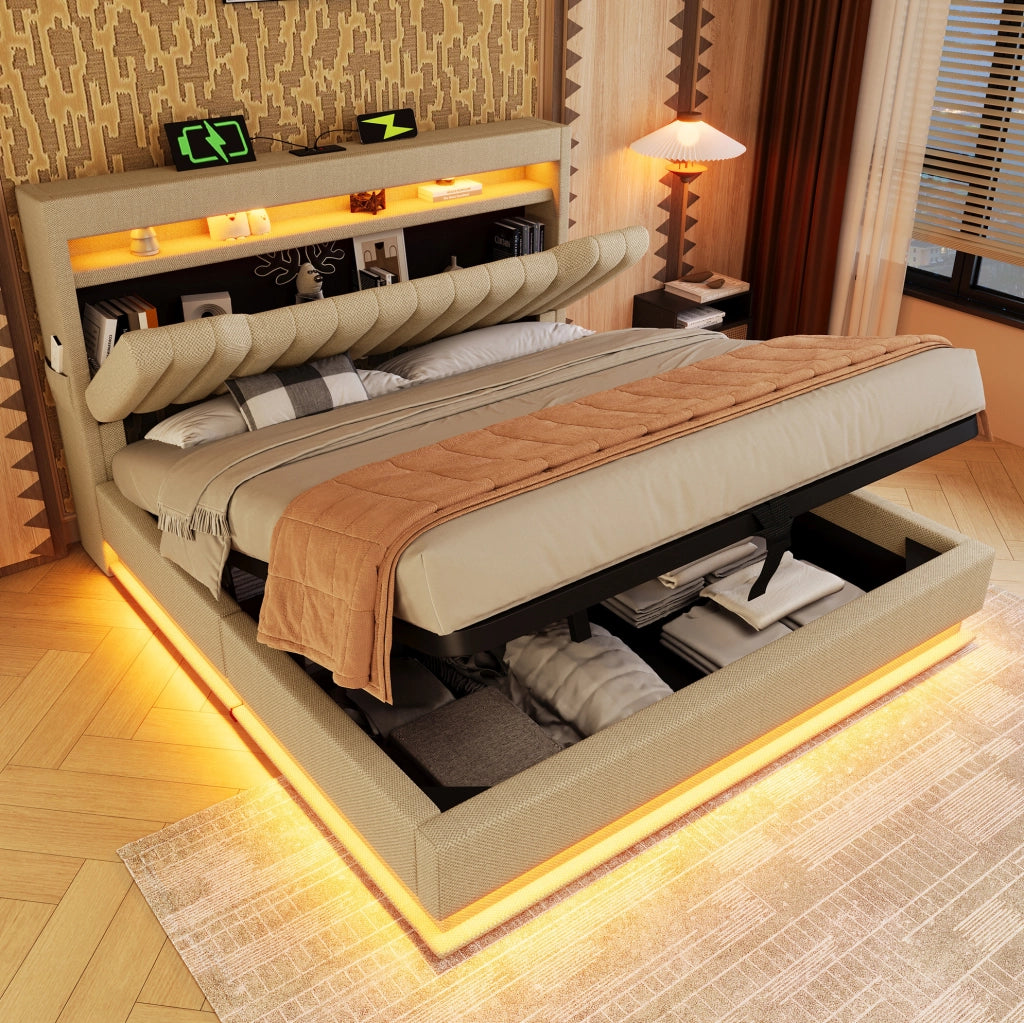 Letto contenitore 160x200 cm beige con LED, USB e Type-C