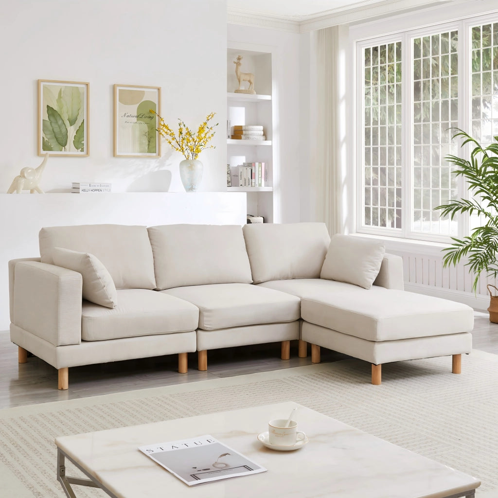 Divano angolare reversibile 3 posti con pouf, seduta modulare e cuscini, in poliestere beige