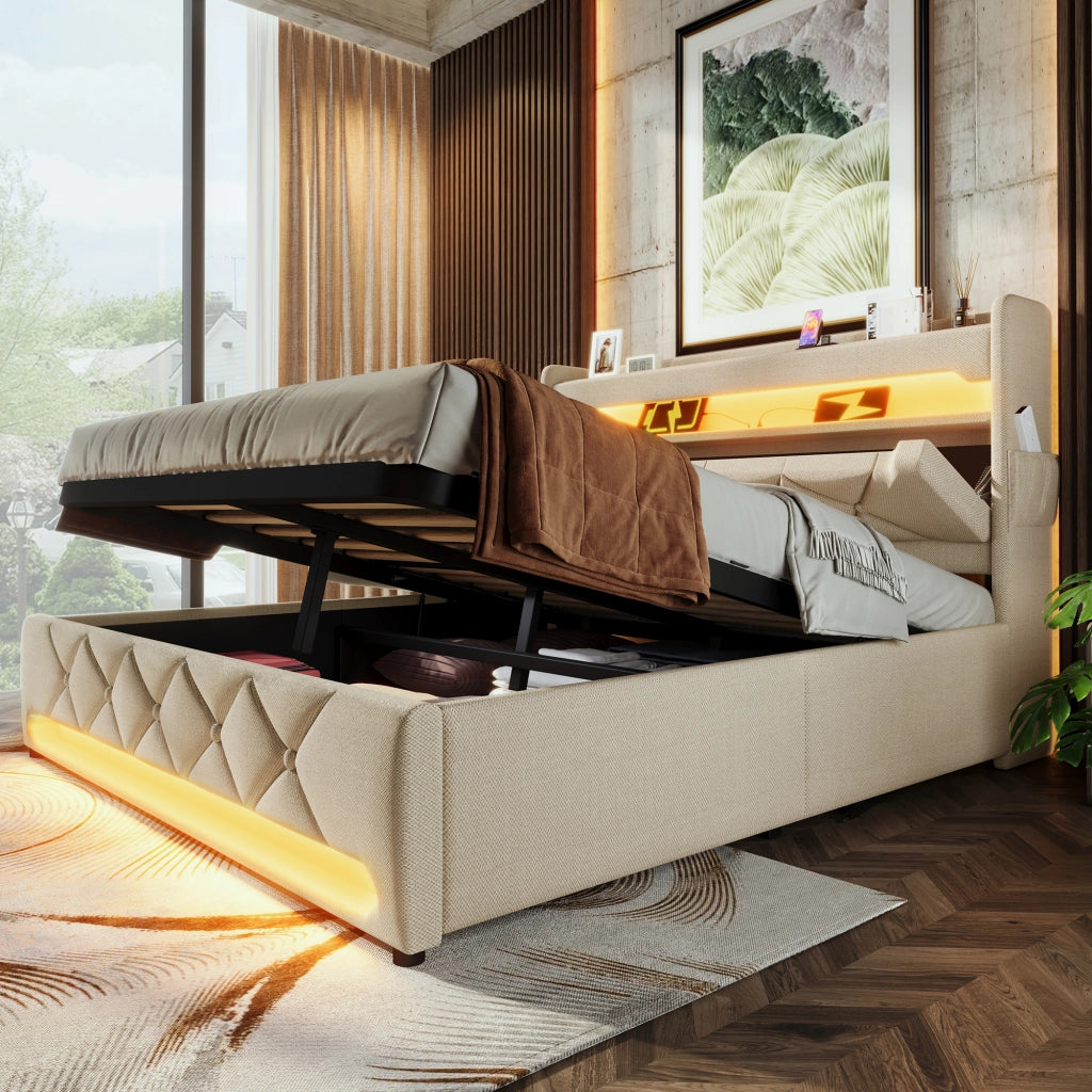 Letto contenitore imbottito beige 140 x 200 cm