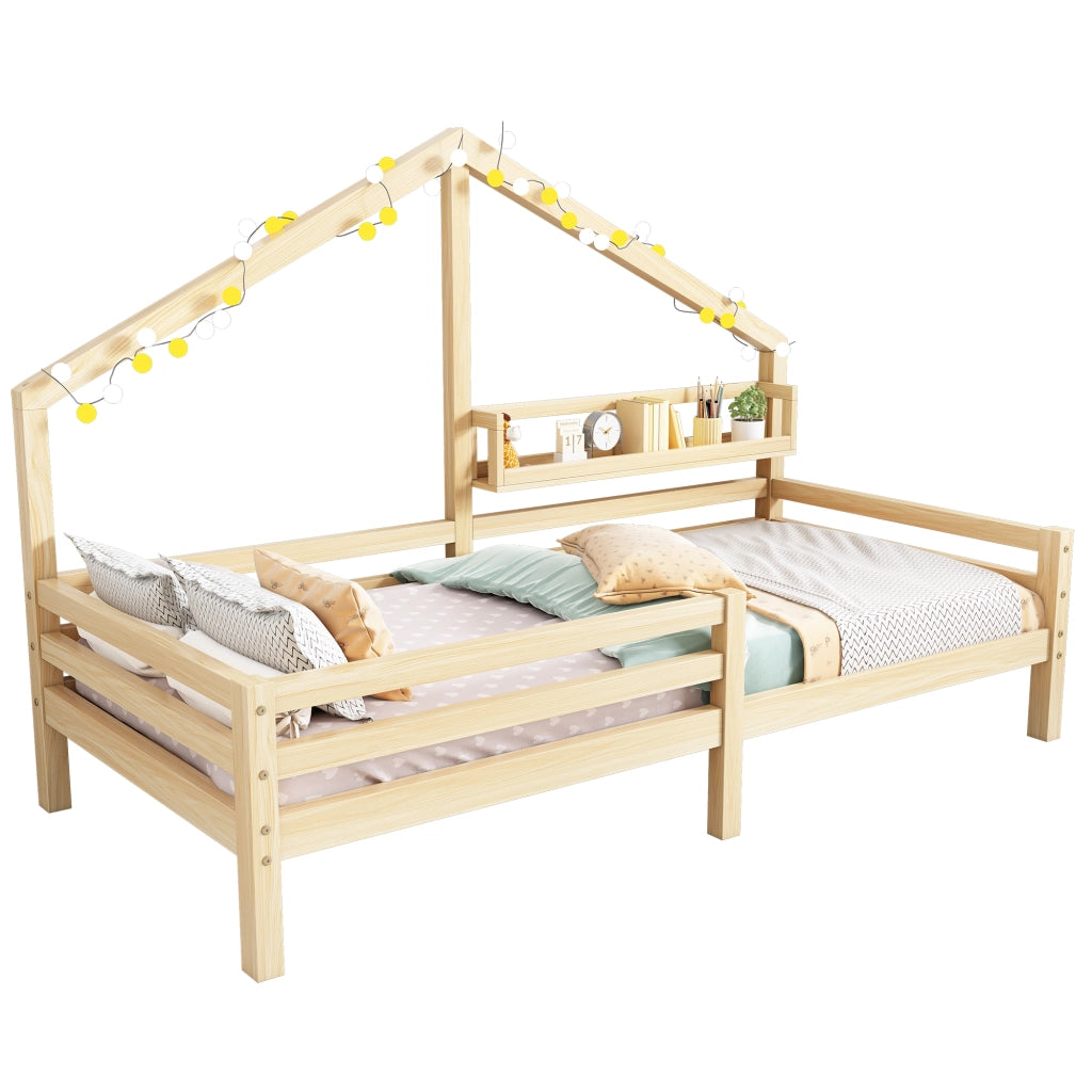 Letto per bambini 90 × 200 cm con barriera; mensola e senza materasso; in pino; stile scandinavo; finitura naturale