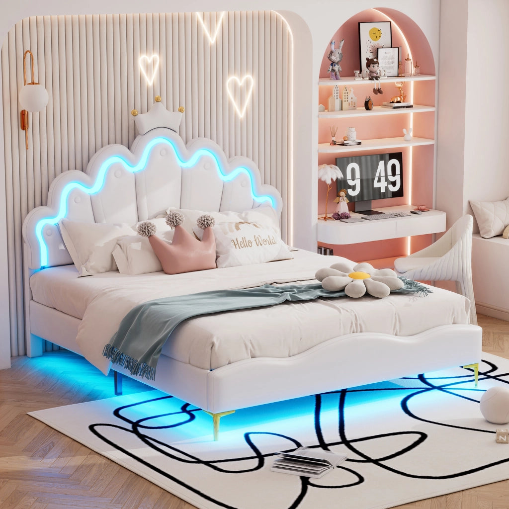 Crown Shape Princess Double Bed 140x200cm con strisce LED in PU bianca